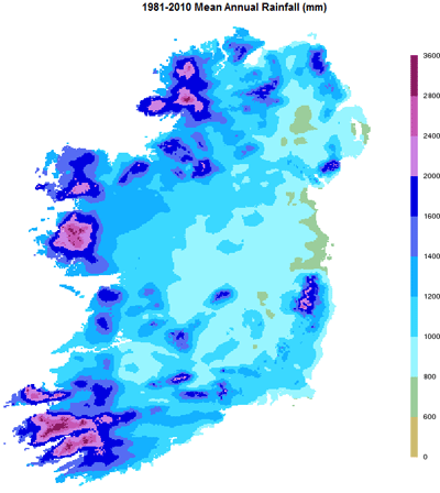 Average Annual Rainfall across Ireland is heavily biased to the Atlantic Coast.