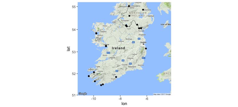 map of Ireland with error points mapped.