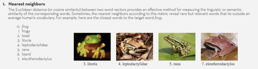 the similar words to frog contain technical terms close by in the N-D space.